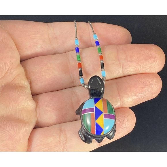 Zuni Necklace Hand Carved Onyx Multi Stone Inlaid Turtle Pendant Necklace - Picture 2 of 9